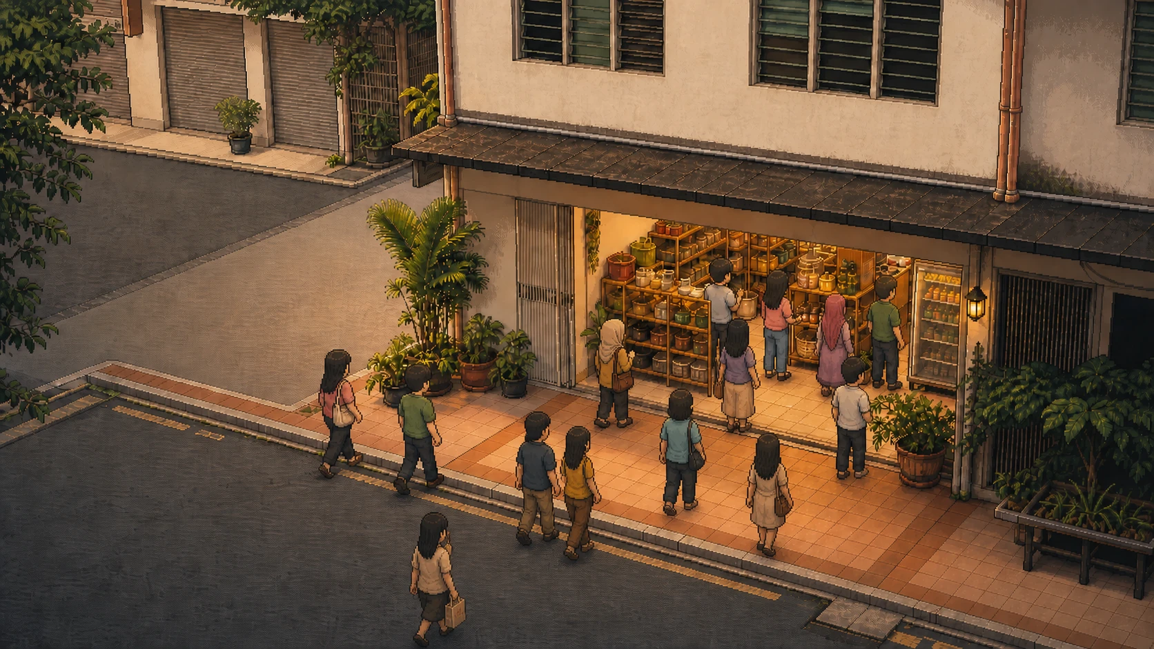 Busy pixel-art shop supported by an embedded growth system